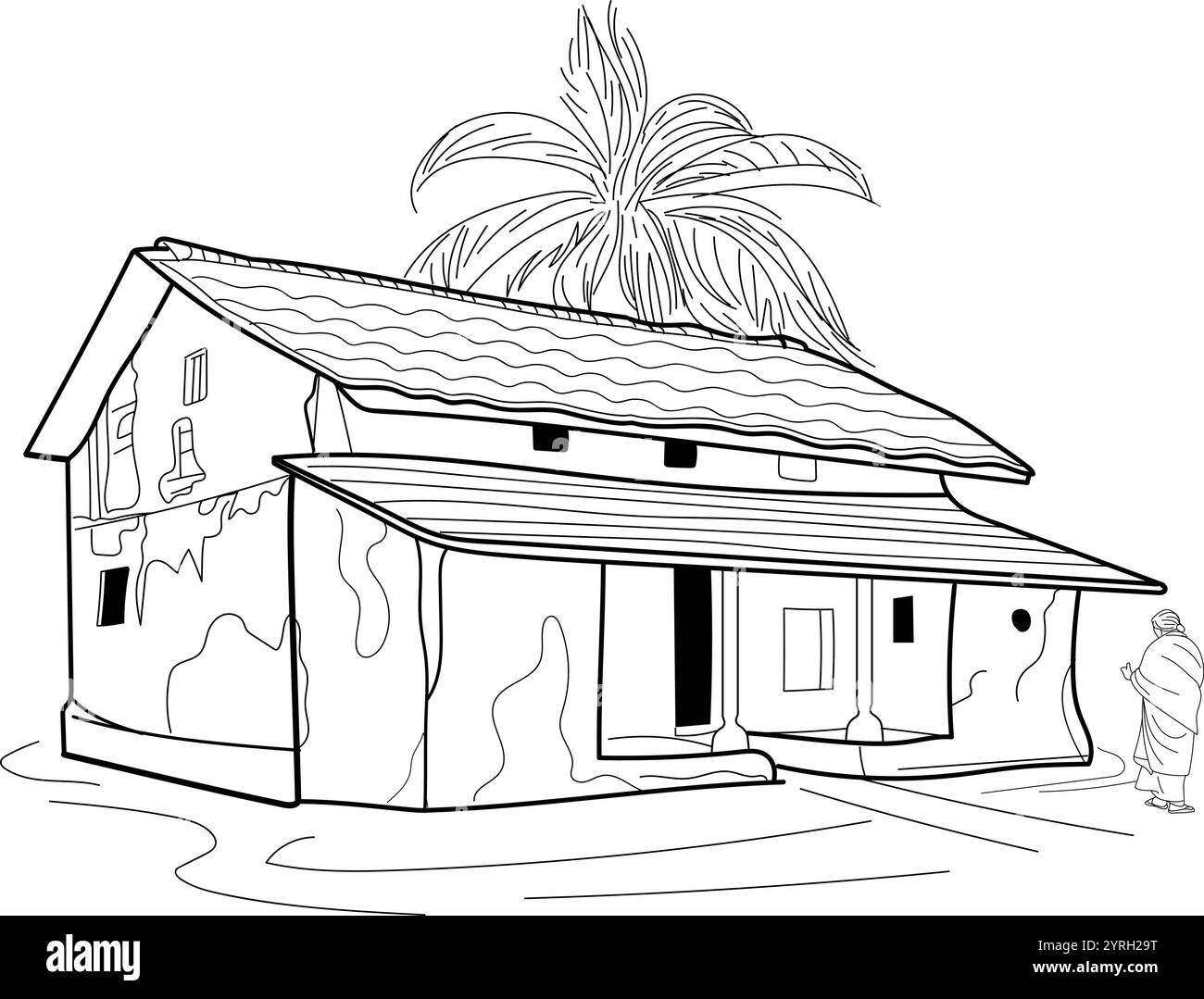 Villaggio indiano fango casa, villaggio indiano vecchio casa, casa contadina indiana, disegnata a mano in stile sottile Illustrazione Vettoriale