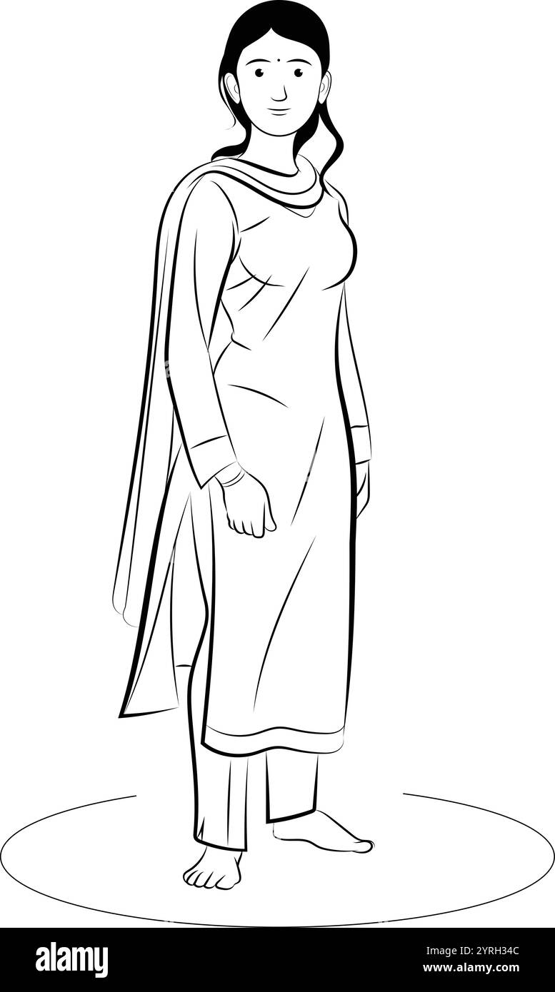 Donna indiana che indossa il salwar kameez, disegnata a mano in stile sottile Illustrazione Vettoriale