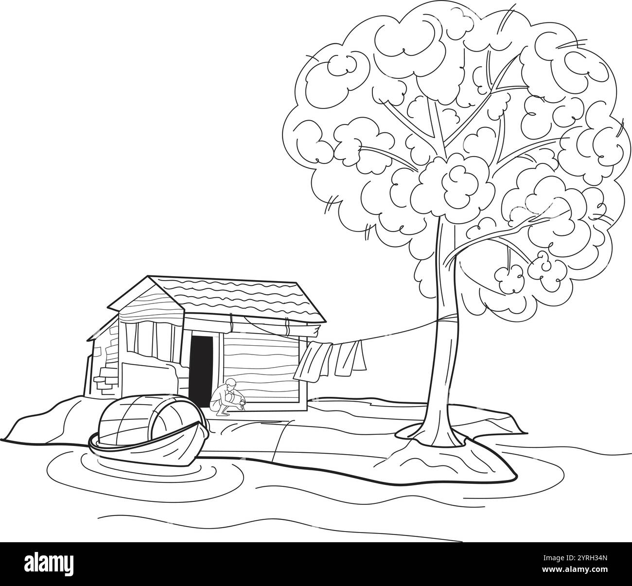 Casa di pescatori sul lato del fiume. disegnato a mano con linee sottili Illustrazione Vettoriale