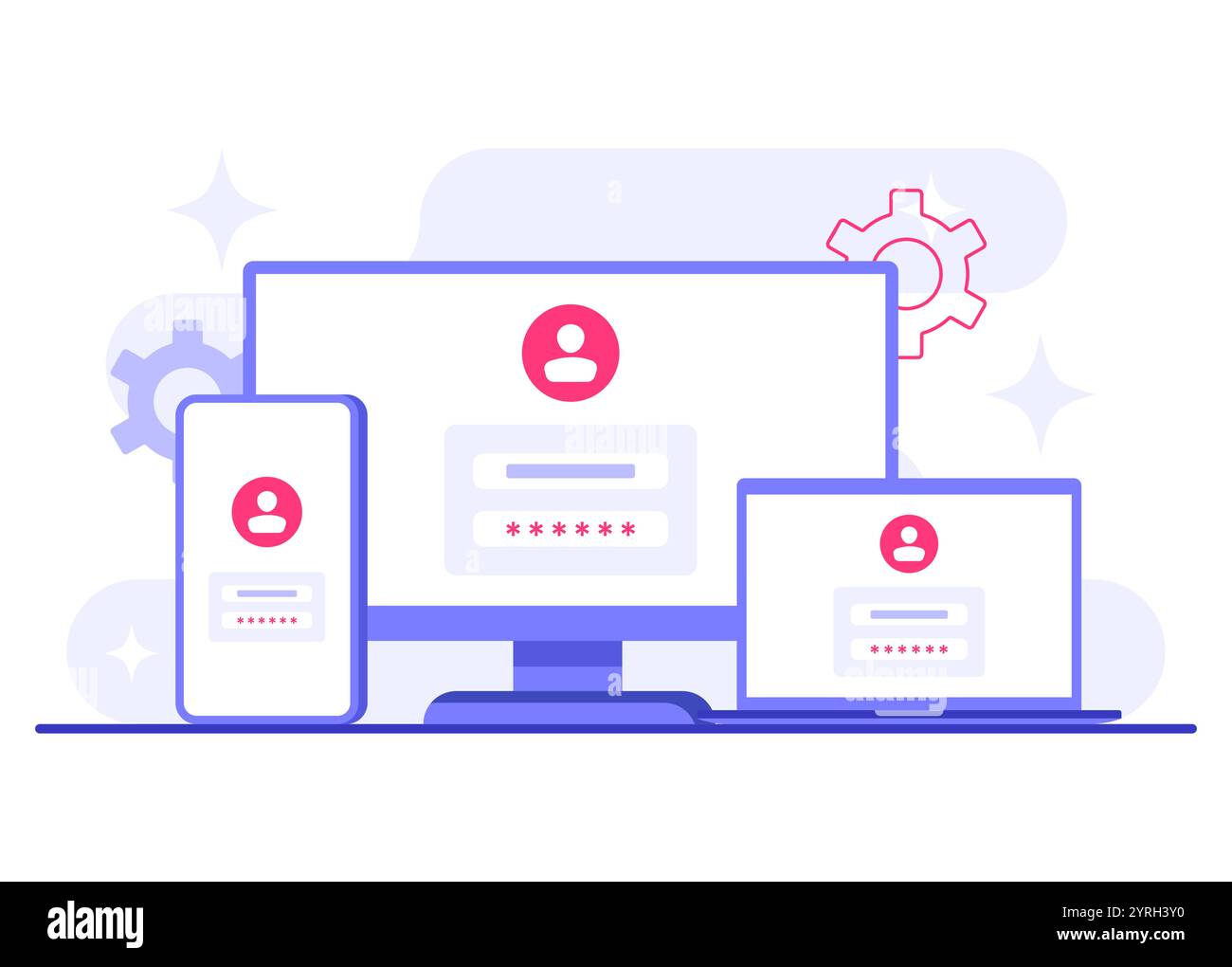 Accesso protetto da password, protezione dei dati, sicurezza informatica, sicurezza Internet, privacy delle informazioni, illustrazione vettoriale di protezione account per landi Illustrazione Vettoriale