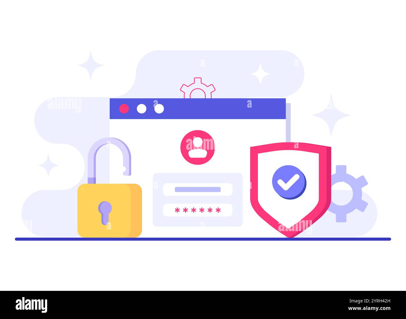 Accesso protetto da password, protezione dei dati, sicurezza informatica, sicurezza Internet, privacy delle informazioni, illustrazione vettoriale di protezione account per landi Illustrazione Vettoriale