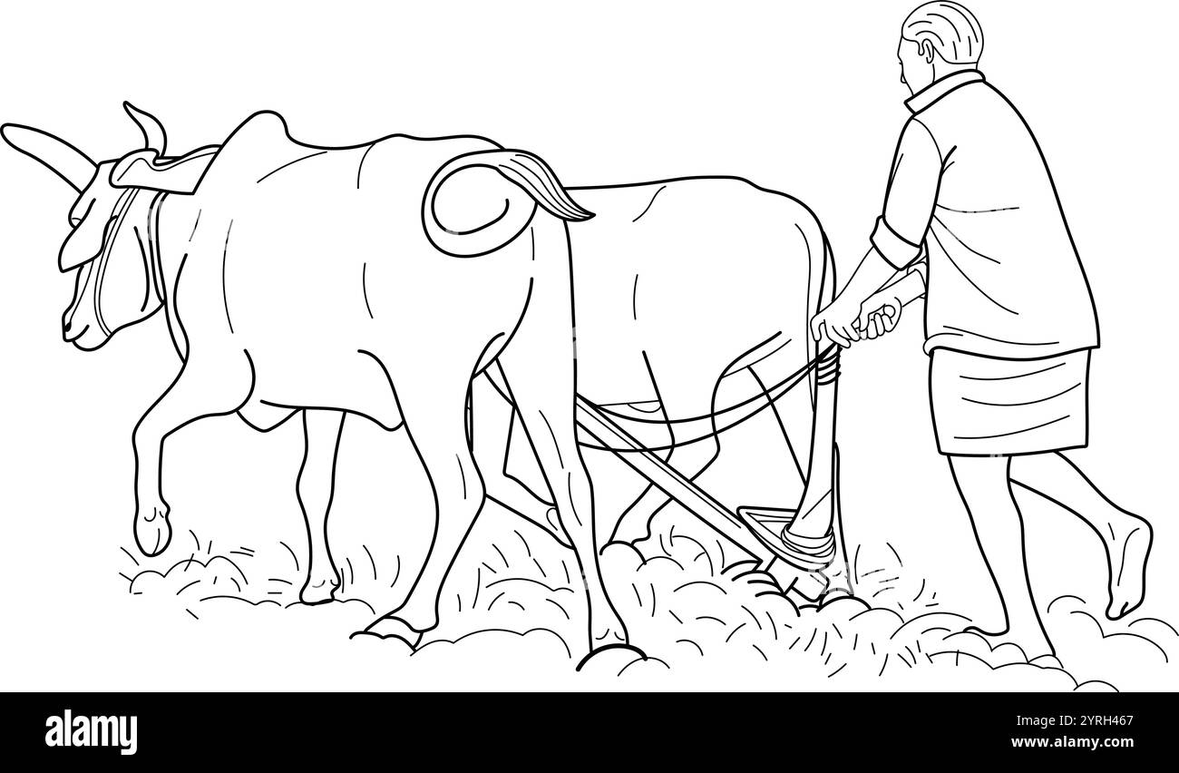 Agricoltore indiano che lavora in campo agricolo con tori e aratro, disegnato a mano in stile sottile Illustrazione Vettoriale