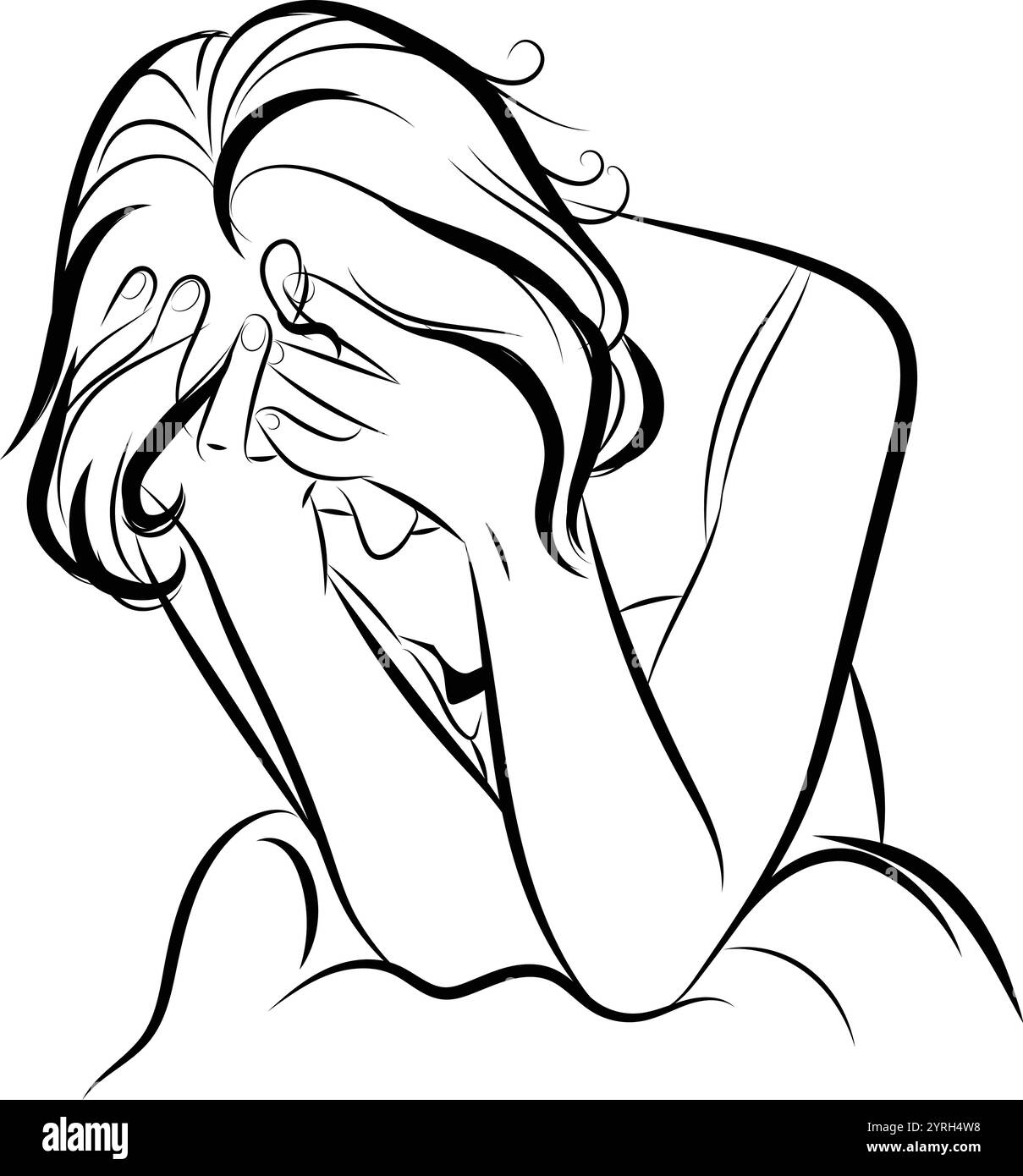 Donna depressa, stanca e turbata che lavora a casa Illustrazione Vettoriale