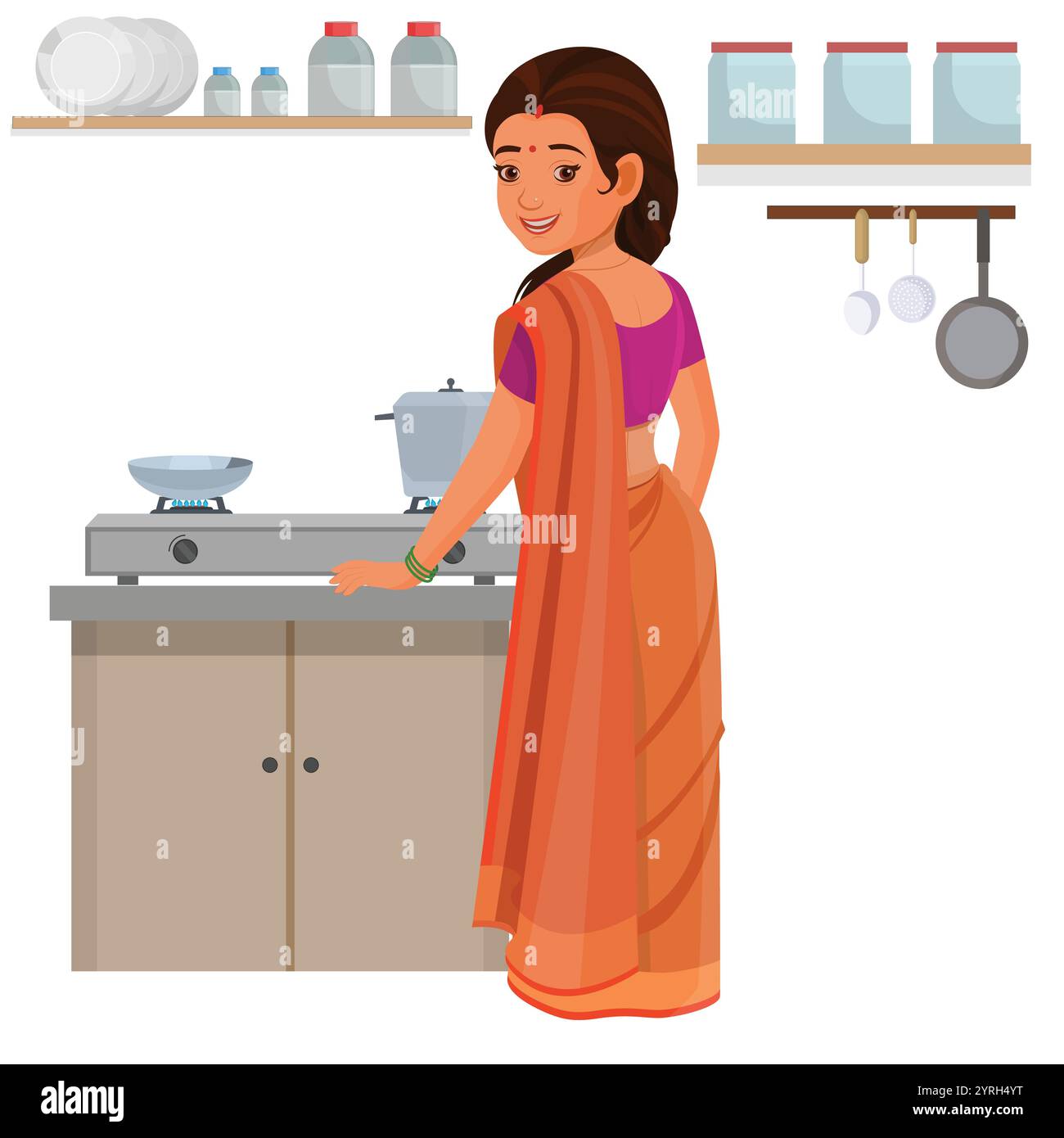 Donna che cucina in cucina, donna che prepara il cibo Illustrazione Vettoriale