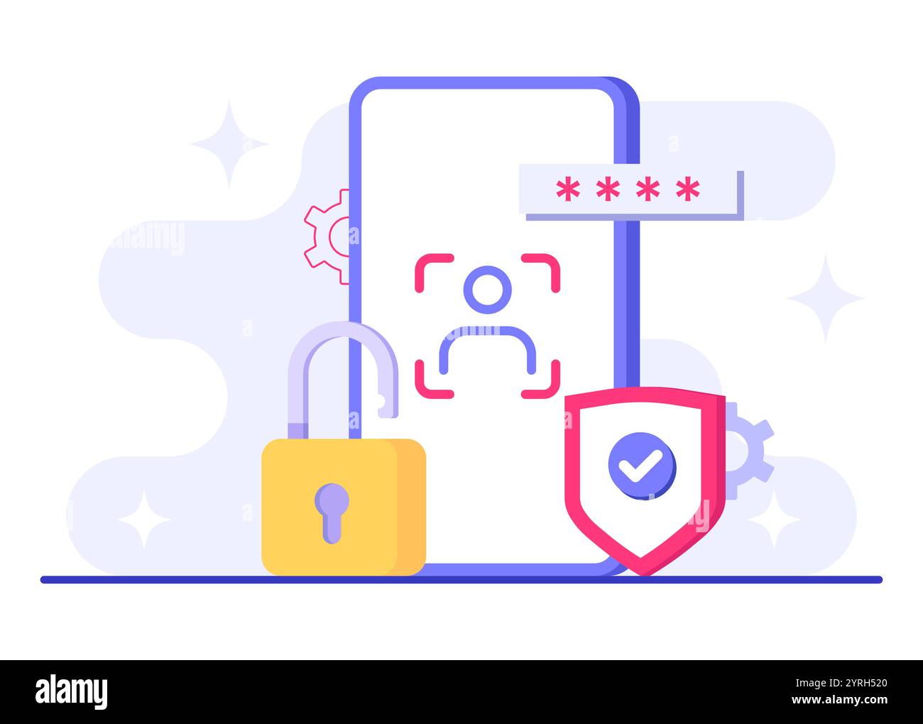 Tecnologia di riconoscimento facciale sistema di illustrazione piatta, identificazione e autenticazione che utilizza volti, biometria e sicurezza, identità facciale, biometr Illustrazione Vettoriale