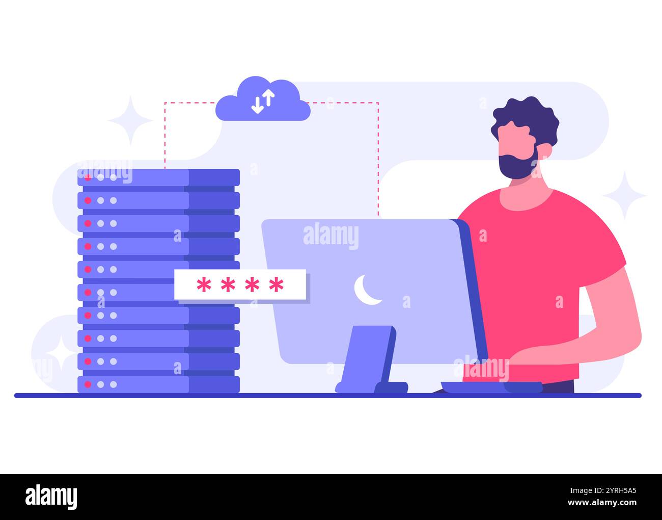 Ingegnere che lavora con il cloud computing e il servizio di database, sincronizzazione dei dati, condivisione sicura dei file, caricamento e download di file nel server cloud, dati Illustrazione Vettoriale