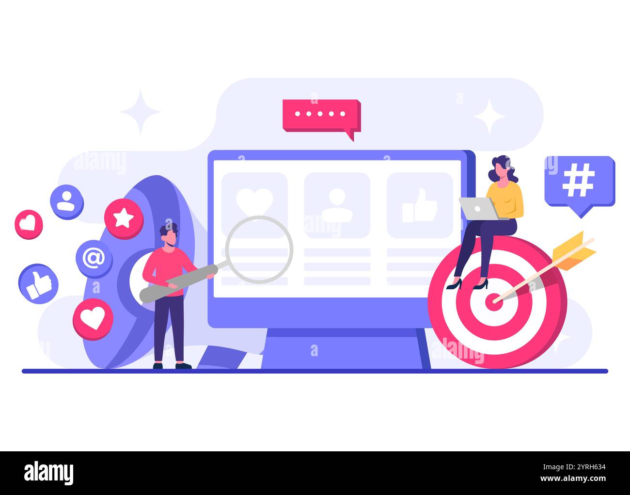Illustrazione vettoriale del concetto di social media marketing per landing page, banner Web, applicazione mobile, banner, strategia per i contenuti aziendali, web desig Illustrazione Vettoriale