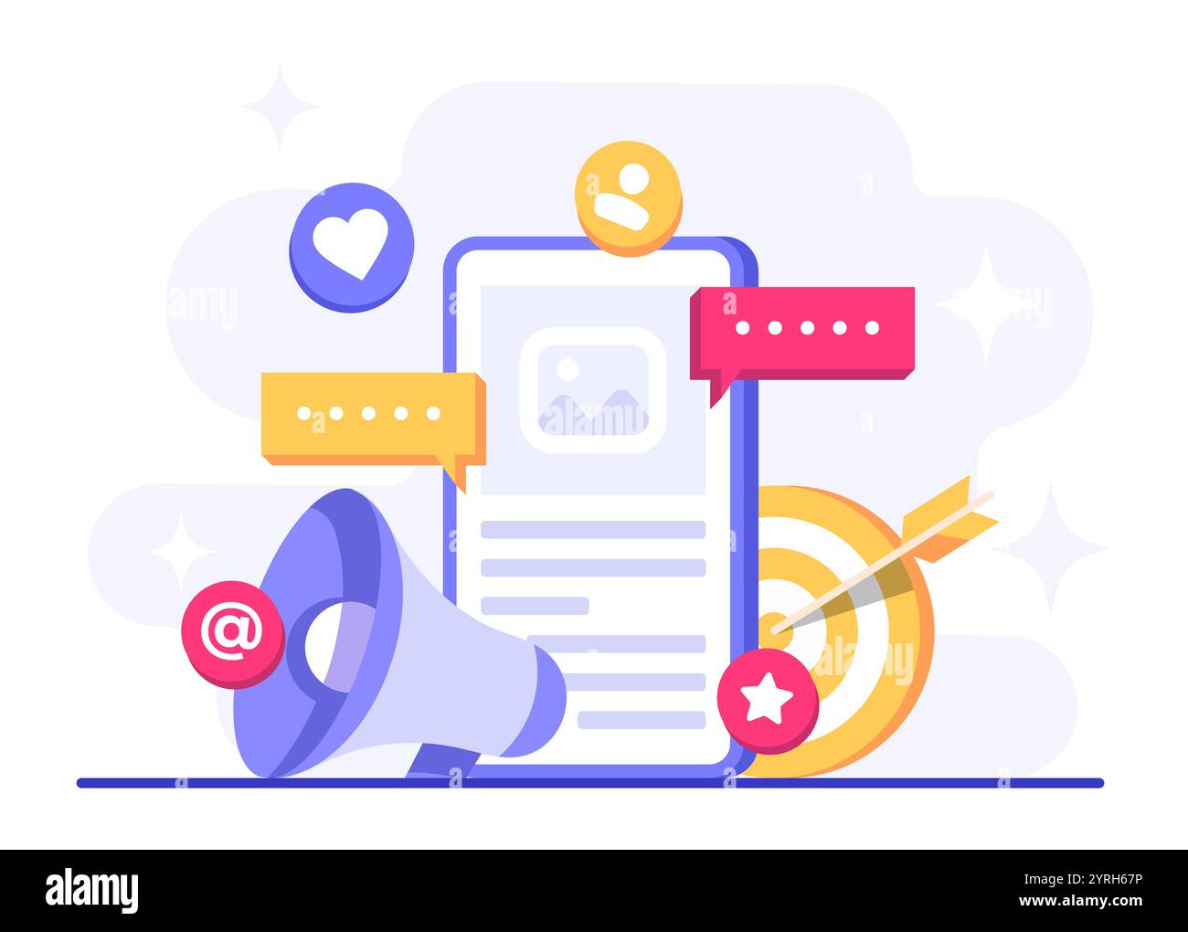 Illustrazione vettoriale del concetto di social media marketing per landing page, banner Web, applicazione mobile, banner, strategia per i contenuti aziendali, web desig Illustrazione Vettoriale