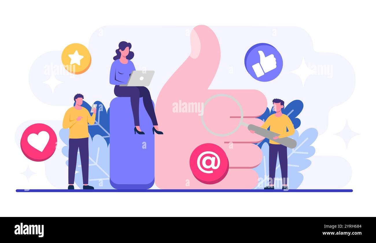 Illustrazione vettoriale del concetto di social media marketing per banner Web, app mobile, poster, strategia per i contenuti aziendali, marketing digitale, influente Illustrazione Vettoriale