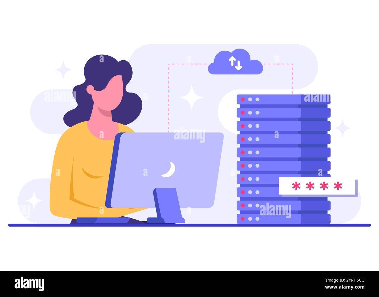 Ingegnere che lavora con il cloud computing e il servizio di database, sincronizzazione dei dati, condivisione sicura dei file, caricamento e download di file nel server cloud, dati Illustrazione Vettoriale