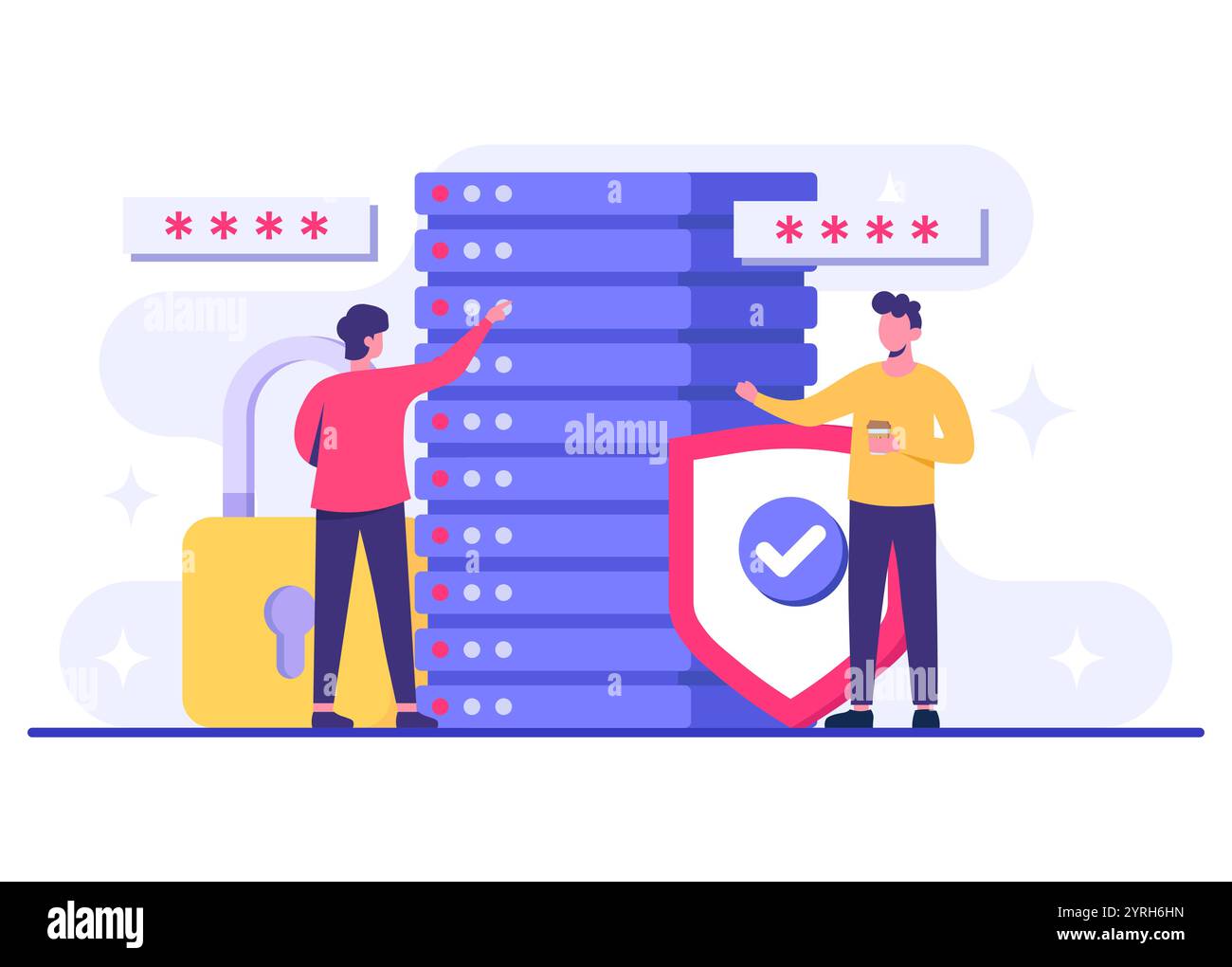 Protezione dei database, sicurezza informatica, data center, gestione dei file, archiviazione cloud, illustrazione piatta sulla protezione dei dati personali per la landing page, mobile A. Illustrazione Vettoriale Protezione dei database, sicurezza informatica, data center, gestione dei file, archiviazione cloud, illustrazione piatta sulla protezione dei dati personali per la landing page, mobile A. Illustrazione Vettoriale