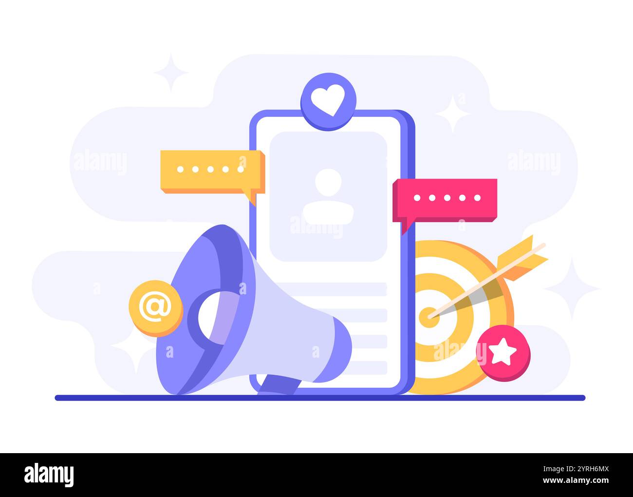 Illustrazione vettoriale del concetto di social media marketing per landing page, banner Web, applicazione mobile, banner, strategia per i contenuti aziendali, web desig Illustrazione Vettoriale