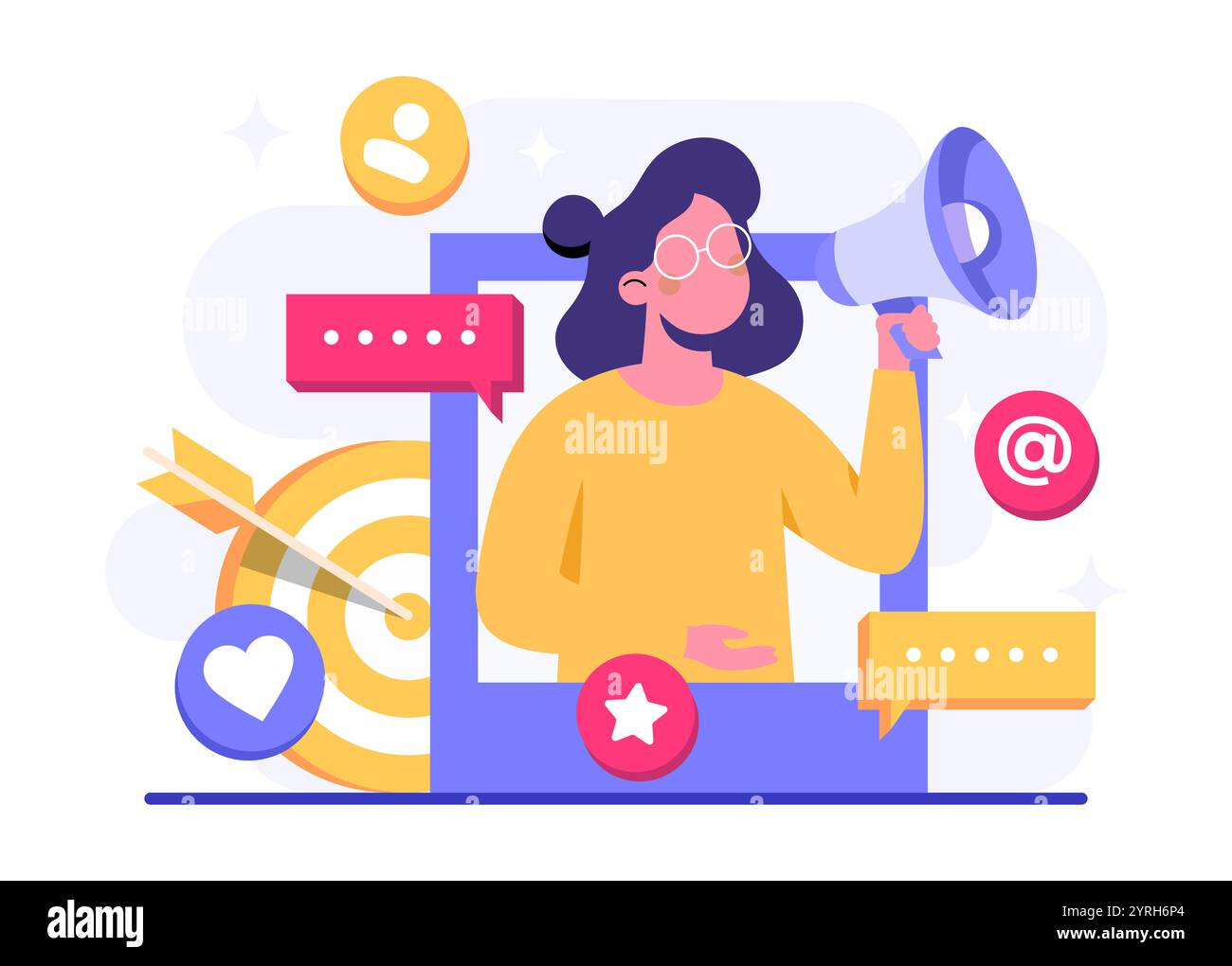 Illustrazione vettoriale di concetto di marketing digitale, strategia per i contenuti aziendali, marketing influente, campagna sui social media, promozione, e-commerce, mamma Illustrazione Vettoriale