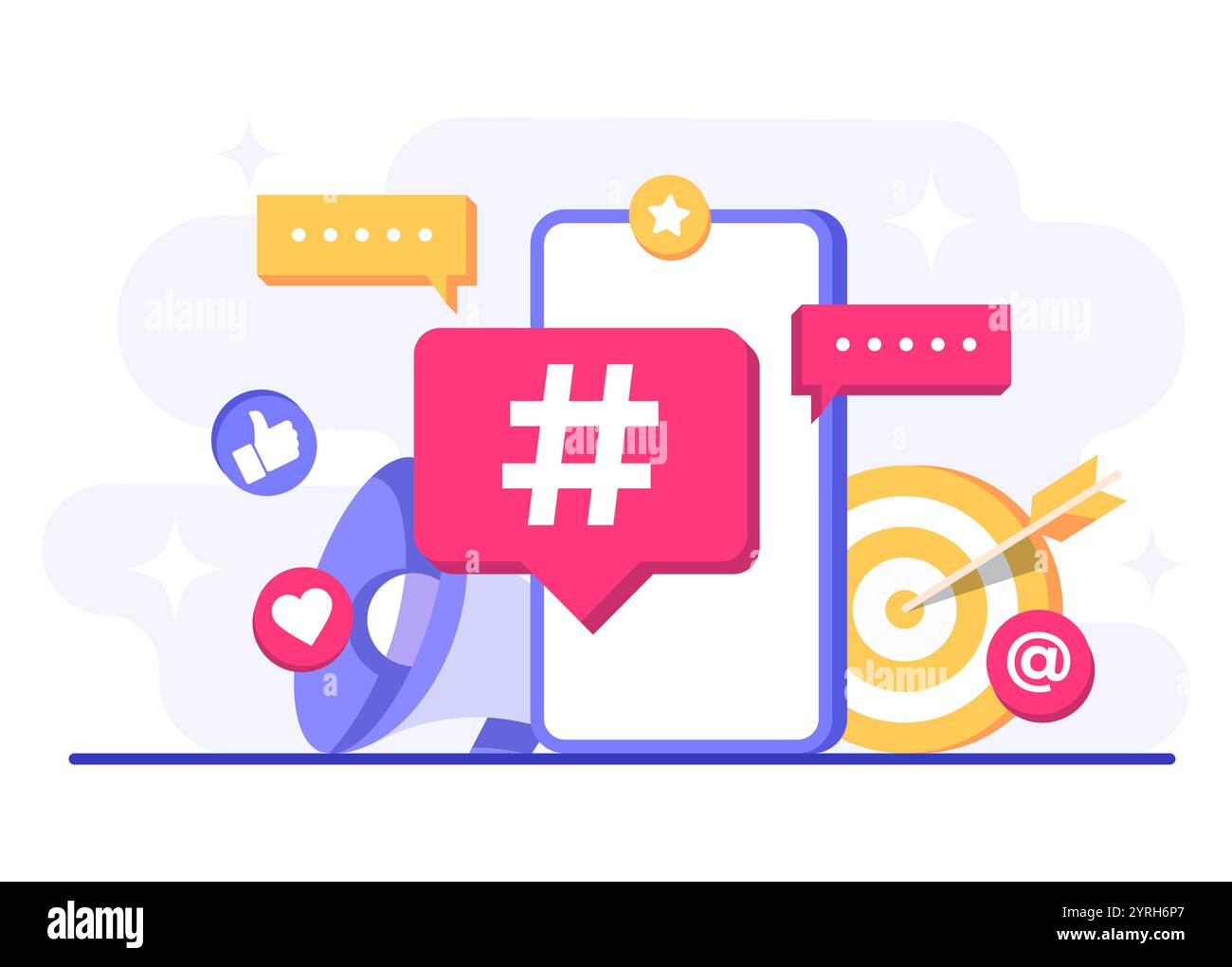 Illustrazione vettoriale del concetto di social media marketing per banner Web, app mobile, poster, strategia per i contenuti aziendali, marketing hashtag, ad digitale c Illustrazione Vettoriale