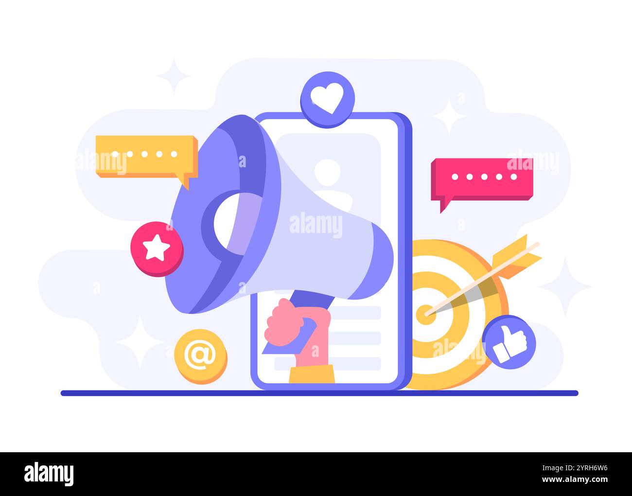 Illustrazione vettoriale di marketing digitale, campagna pubblicitaria e promozione online in app mobili, contenuti pubblicitari nei social network, social media camp Illustrazione Vettoriale