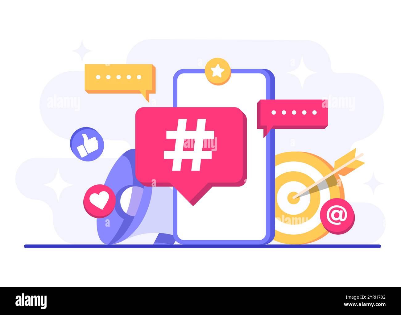 Illustrazione vettoriale del concetto di social media marketing per banner Web, app mobile, poster, strategia per i contenuti aziendali, marketing hashtag, ad digitale c Illustrazione Vettoriale
