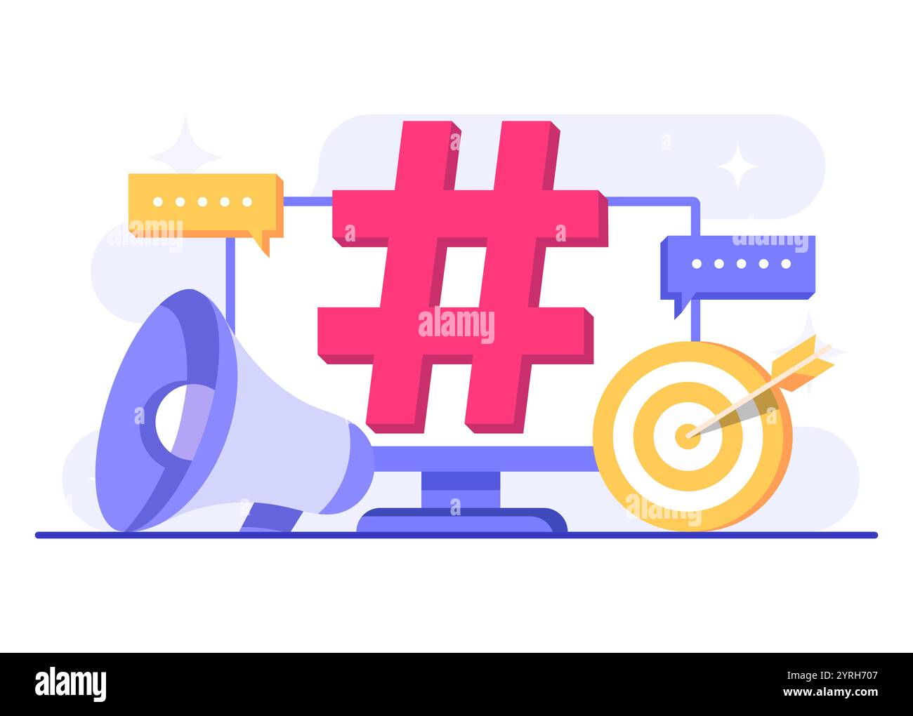 Illustrazione vettoriale del concetto di social media marketing per banner Web, app mobile, poster, strategia per i contenuti aziendali, marketing hashtag, ad digitale c Illustrazione Vettoriale