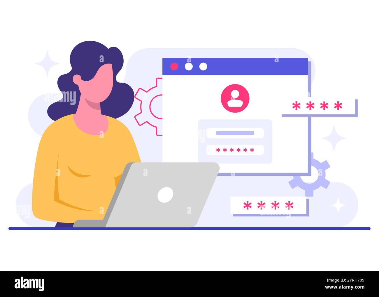 Accesso protetto da password, protezione dei dati, sicurezza informatica, sicurezza Internet, privacy delle informazioni, illustrazione vettoriale di protezione account per landi Illustrazione Vettoriale