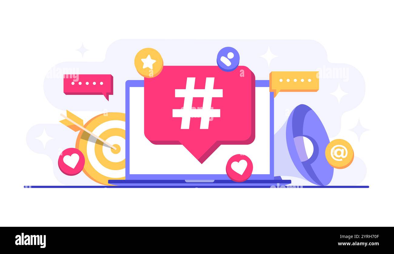 Illustrazione vettoriale del concetto di social media marketing per banner Web, app mobile, poster, strategia per i contenuti aziendali, marketing hashtag, ad digitale c Illustrazione Vettoriale