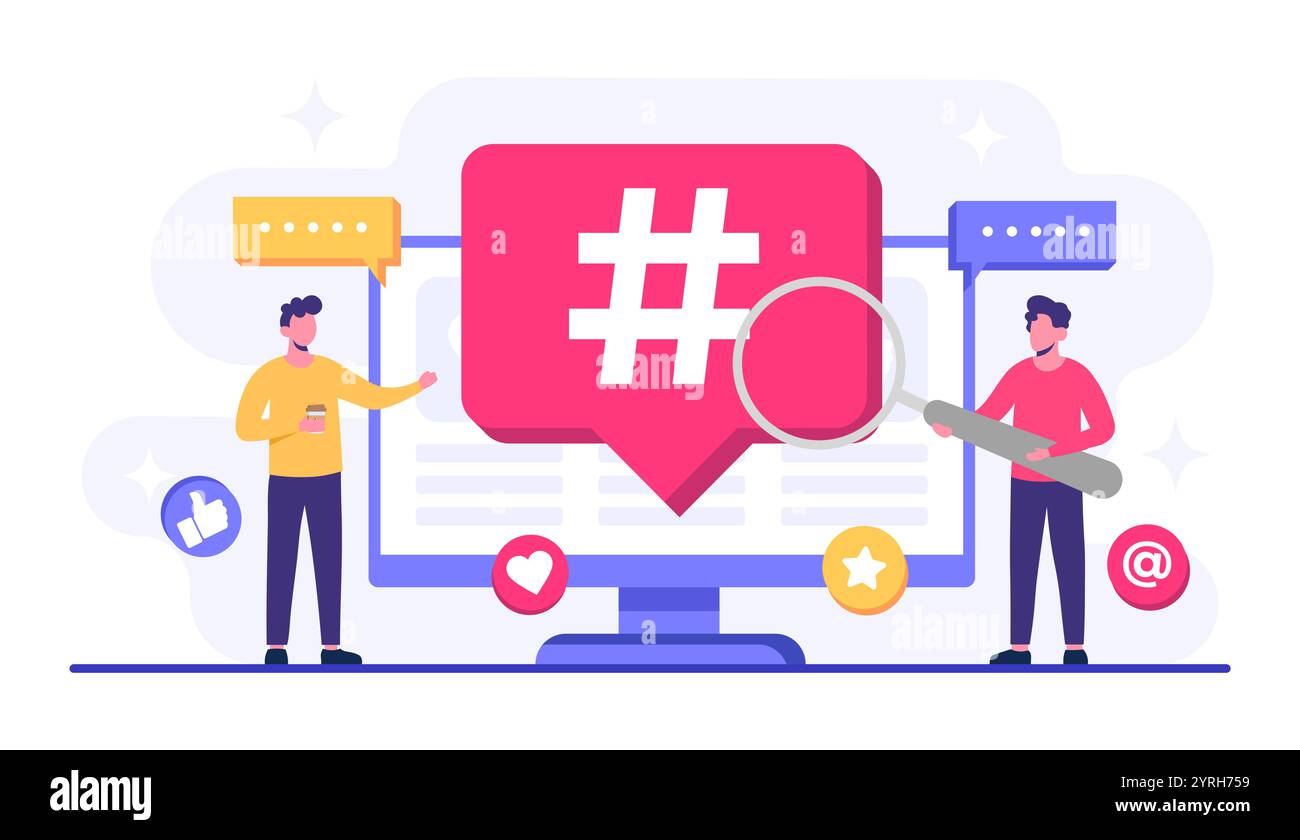 Illustrazione vettoriale del concetto di social media marketing per banner Web, app mobile, poster, strategia per i contenuti aziendali, marketing hashtag, ad digitale c Illustrazione Vettoriale