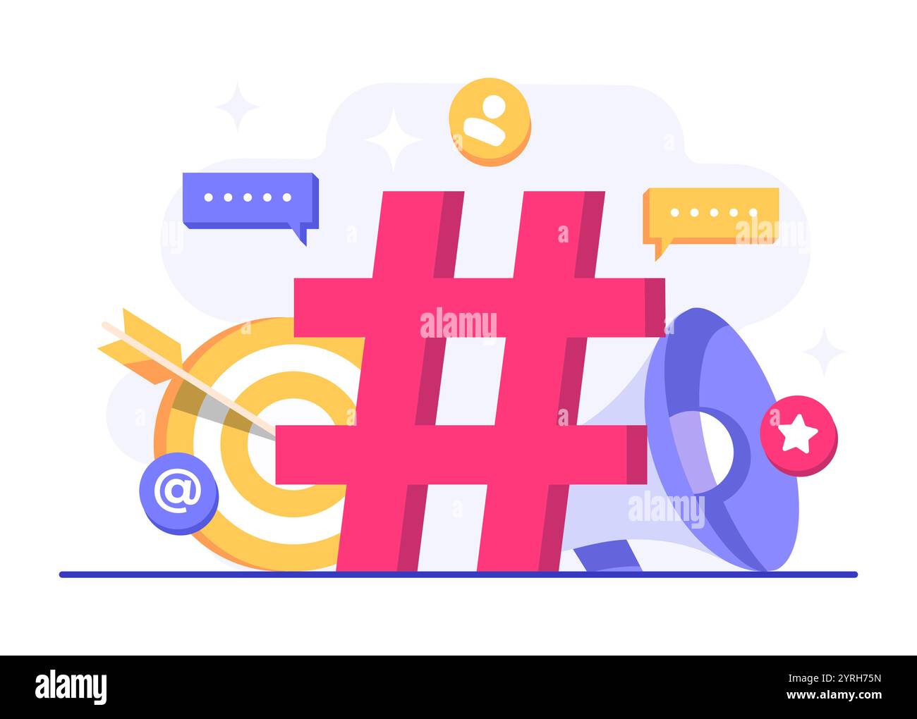 Illustrazione vettoriale del concetto di social media marketing per banner Web, app mobile, poster, strategia per i contenuti aziendali, marketing hashtag, ad digitale c Illustrazione Vettoriale Illustrazione vettoriale del concetto di social media marketing per banner Web, app mobile, poster, strategia per i contenuti aziendali, marketing hashtag, ad digitale c Illustrazione Vettoriale
