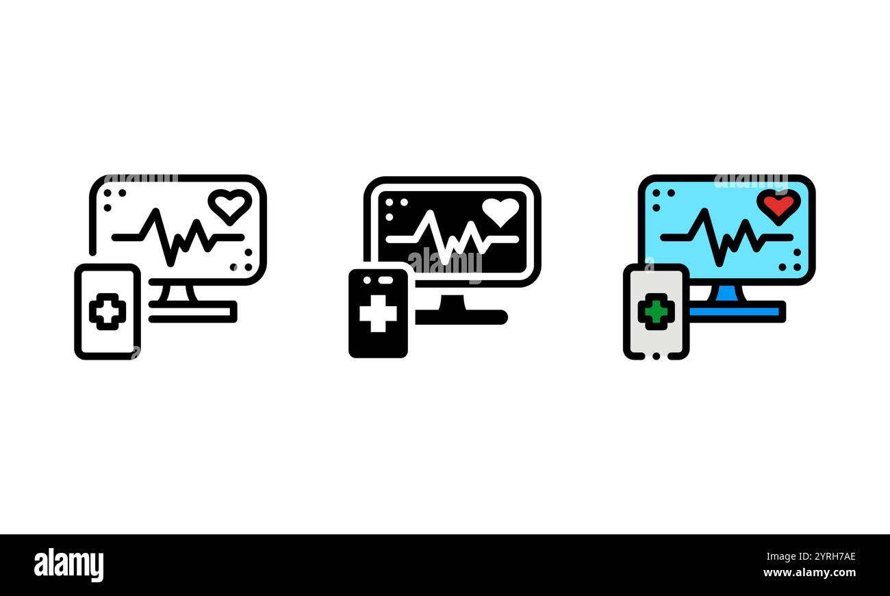 icona della tecnologia medica. icona vettoriale con contorno, glifo e stile contorno pieno. che è rappresentato da computer e telefoni cellulari con salute digitale Illustrazione Vettoriale