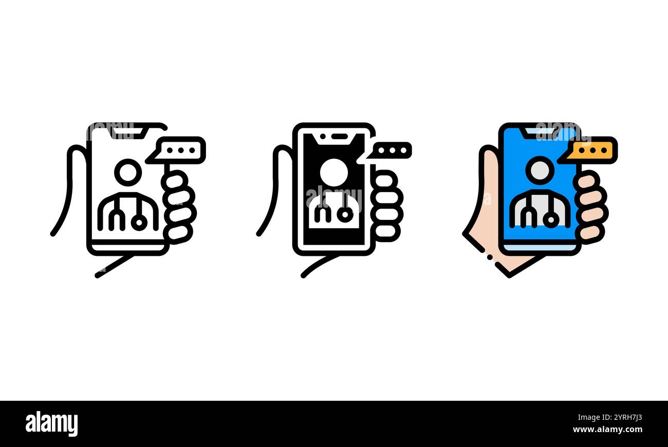 icona telehealth. icona vettoriale con contorno, glifo e stile contorno pieno. rappresentato da una mano che tiene in mano uno smartphone e comunica con un medico Illustrazione Vettoriale