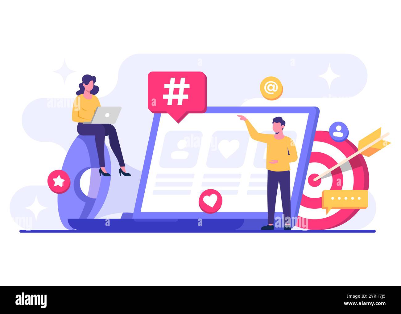 Illustrazione vettoriale del concetto di social media marketing per landing page, banner Web, applicazione mobile, banner, strategia per i contenuti aziendali, web desig Illustrazione Vettoriale