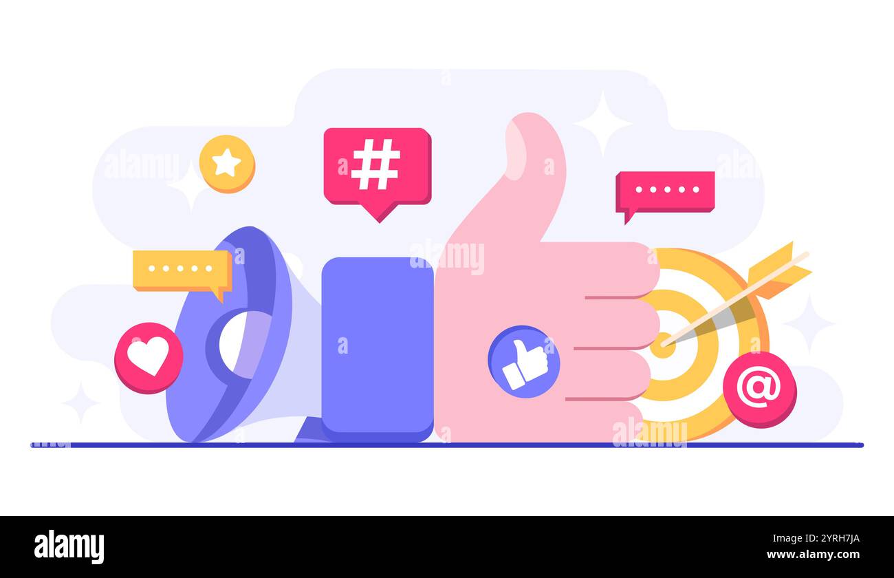 Illustrazione vettoriale del concetto di social media marketing per banner Web, app mobile, poster, strategia per i contenuti aziendali, marketing digitale, influente Illustrazione Vettoriale