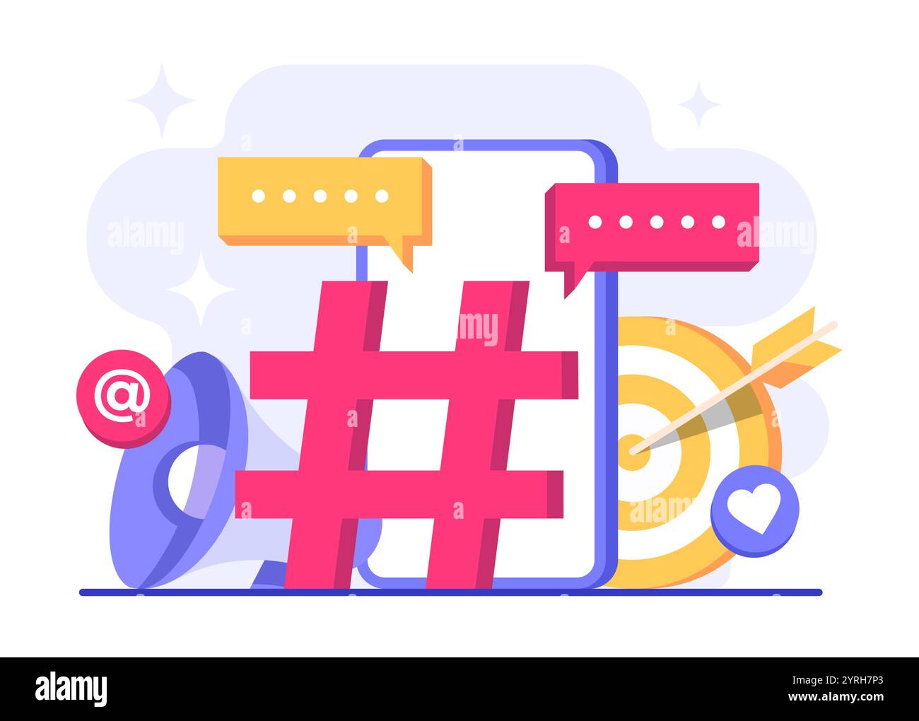 Illustrazione vettoriale del concetto di social media marketing per banner Web, app mobile, poster, strategia per i contenuti aziendali, marketing hashtag, ad digitale c Illustrazione Vettoriale