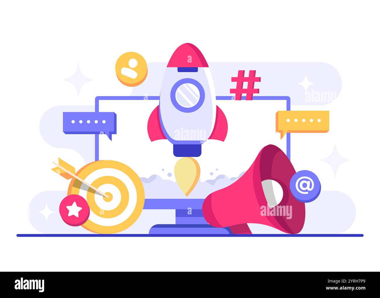Illustrazione vettoriale del concetto di social media marketing per landing page, banner Web, applicazione mobile, banner, strategia per i contenuti aziendali, web desig Illustrazione Vettoriale