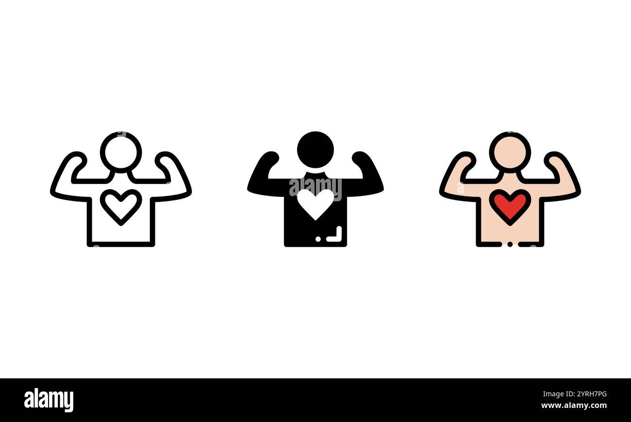 Icona benessere. stile diverso, rappresentato da una persona in forma e da una forma di cuore. Questa icona vettoriale perfetta per il tema sanitario Illustrazione Vettoriale