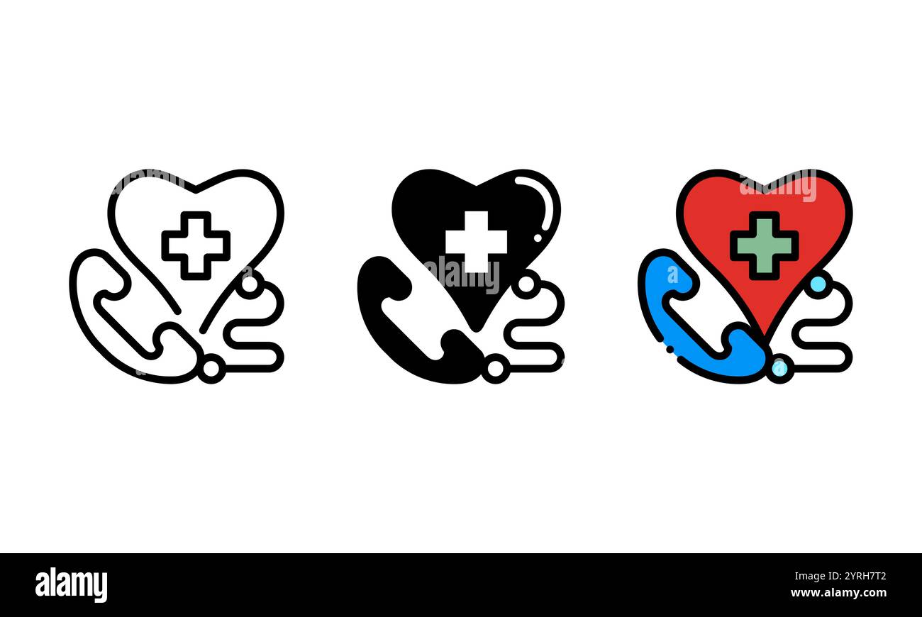 Icona chiama dottore. icona vettoriale rappresentata da un telefono fisso, un cuore e un segno più. perfetto per il settore sanitario. Illustrazione Vettoriale