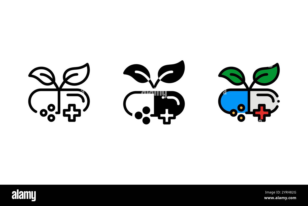 Icona della medicina a base di erbe. icona vettoriale con contorno, glifo e stile contorno pieno, che rappresenta omeopatia e medicina alternativa con le piante. Illustrazione Vettoriale