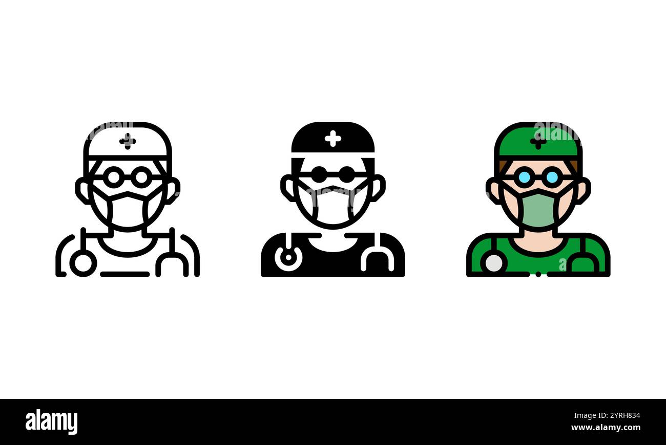 icona medico chirurgico. icona vettoriale con contorno, glifo e stile contorno pieno. rappresentata da una persona che indossa una maschera, una copertura per la testa e uno stetoscopio. Illustrazione Vettoriale