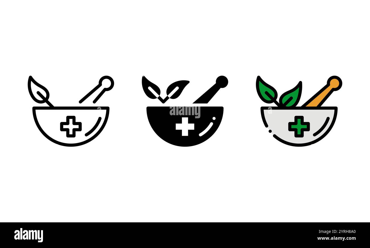 icona della medicina alternativa. icona vettoriale con contorno, glifo e stile contorno pieno, rappresentata da foglie di erbe e ciotole mediche. Illustrazione Vettoriale