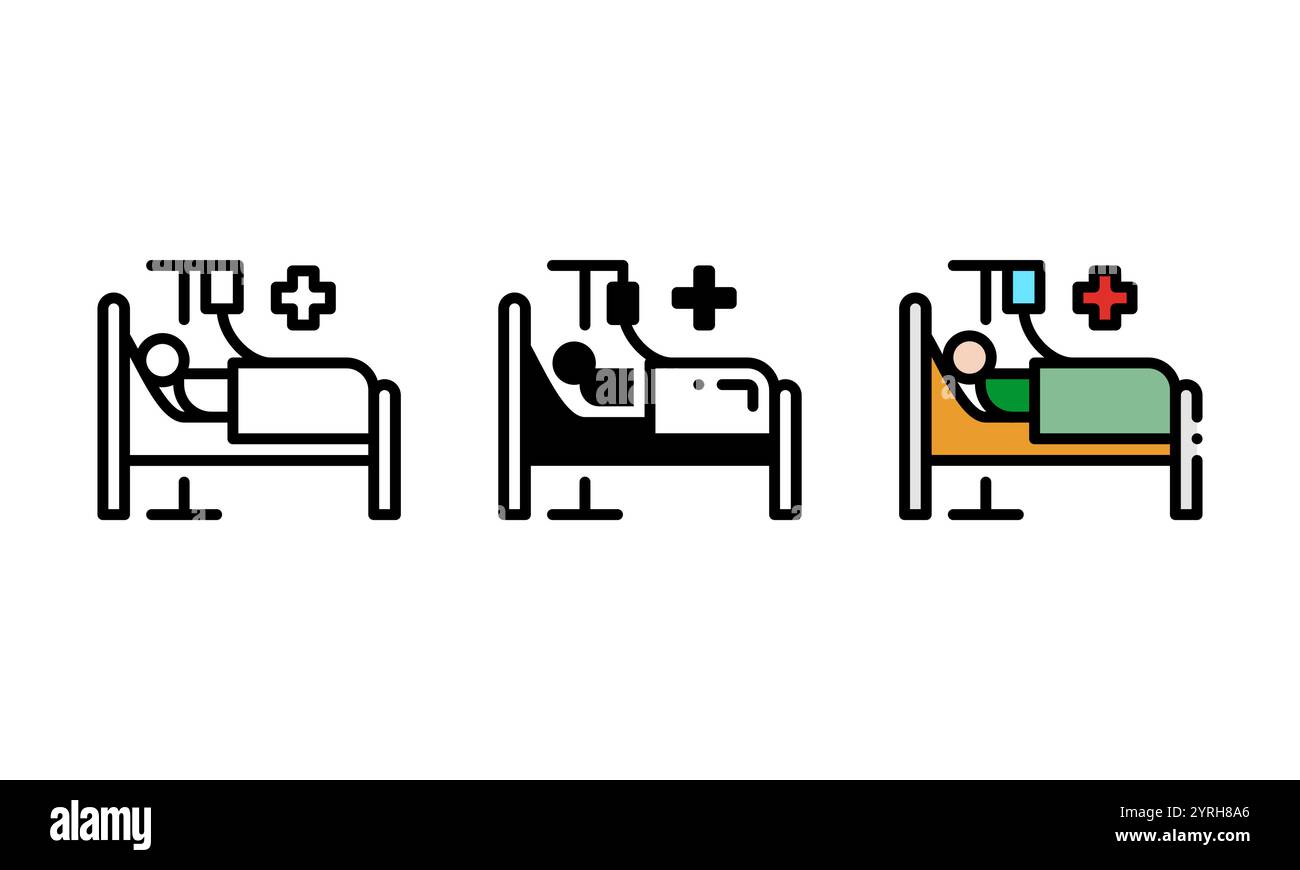 Icona paziente. icona vettoriale con stile diverso. Che è rappresentato da una persona sdraiata su un materasso e che riceve un'infusione endovenosa Illustrazione Vettoriale