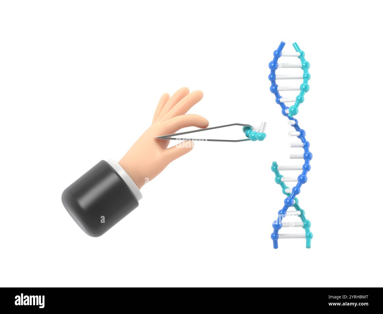Icona movimento cartoni animati Mockup. Cambiare il concetto del DNA. DNA di manipolazione. Processo di sintesi. Il medico modifica l'elica. Ricerca di laboratorio.rendering 3D su bianco b Foto Stock