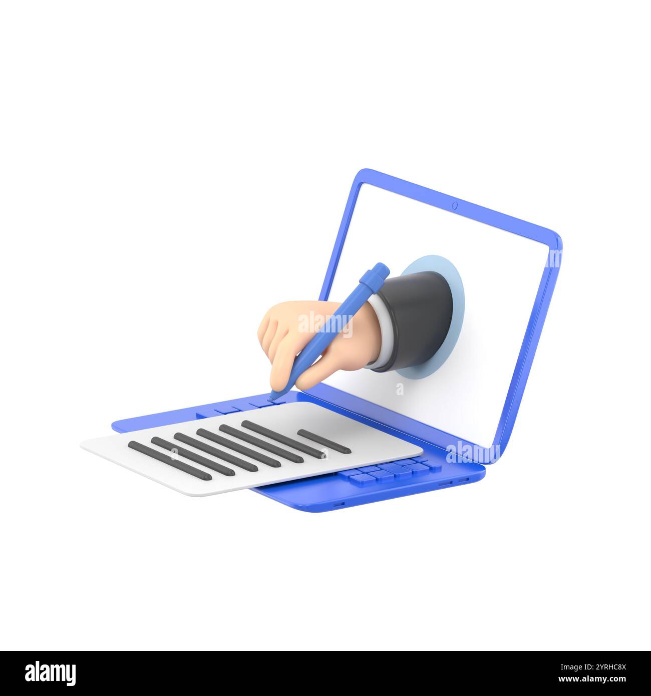 Concetto di firma elettronica isometrica. modulo digitale allegato al documento trasmesso elettronicamente, verifica dell'intenzione di firmare l'accordo e la gamba Foto Stock