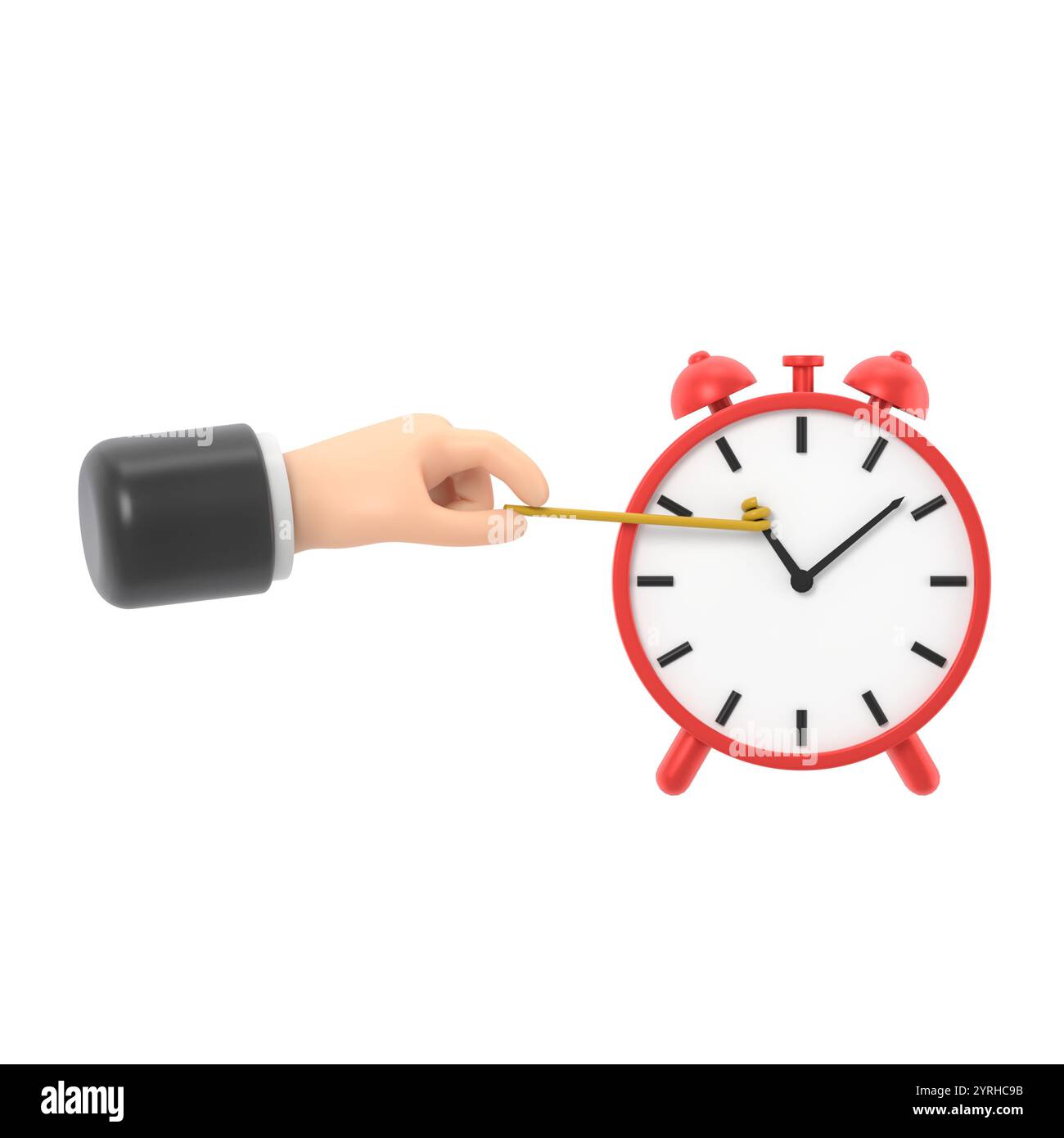 Concetto Stop Time. Metafora aziendale.illustrazione 3D design piatto. Uomo d'affari in tuta, indietro la mano dell'ora. Scadenza. Gestione del tempo.rendering 3D attivato Foto Stock