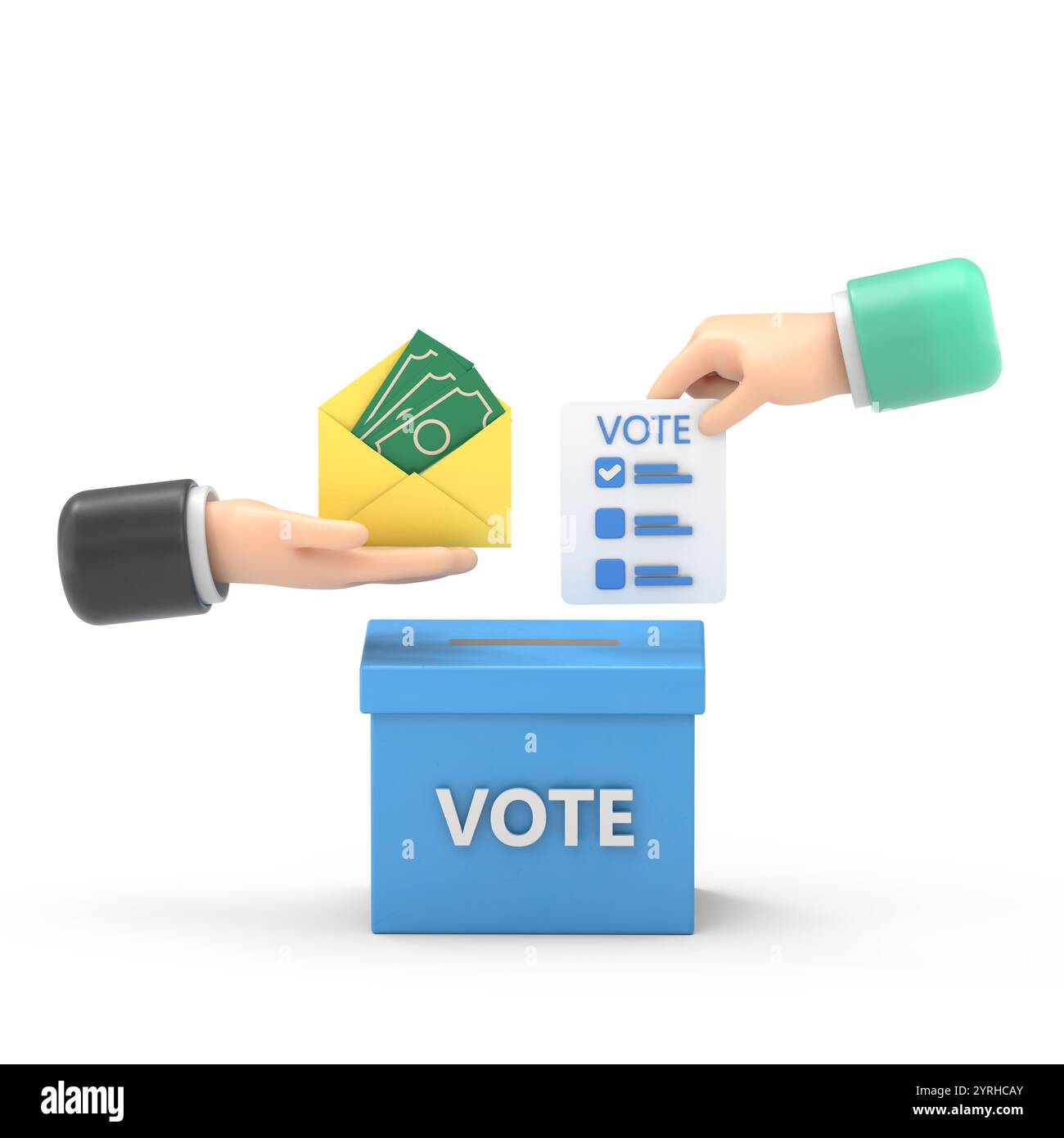 Icona dei gesti dei cartoni animati Mockup.3D mano che inserisce la carta di voto nella casella delle schede. Elezioni, voto, andare a votare, partecipazione dei cittadini al concetto di voto. 3d. Foto Stock