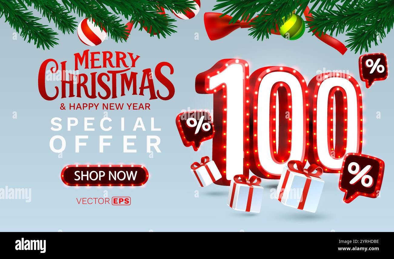 Buon Natale, sconto del 100%. Banner e poster di vendita. Vettore Illustrazione Vettoriale