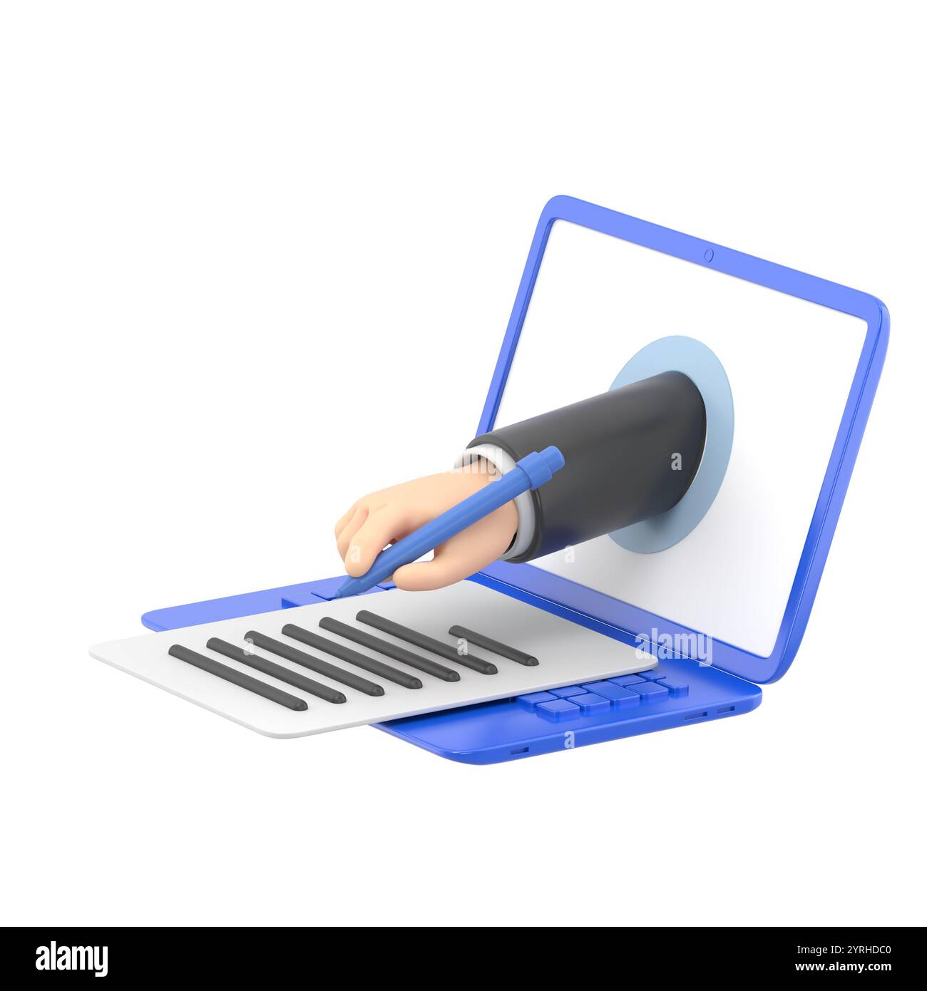 Concetto di firma elettronica isometrica. modulo digitale allegato al documento trasmesso elettronicamente, verifica dell'intenzione di firmare l'accordo e la gamba Foto Stock