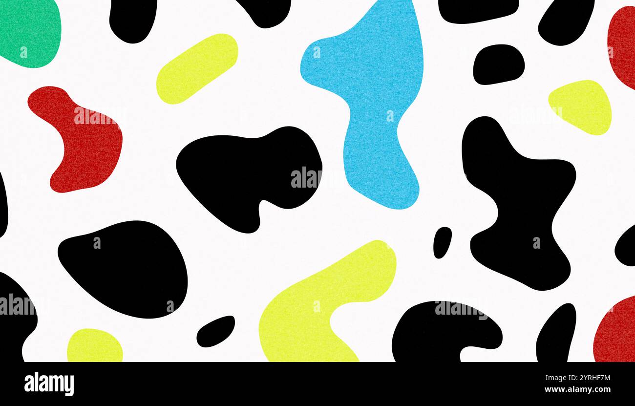 Vivace motivo astratto caratterizzato da forme organiche in rosso, blu, verde, giallo e nero su sfondo bianco, questo design divertente e dinamico è un'idea Foto Stock