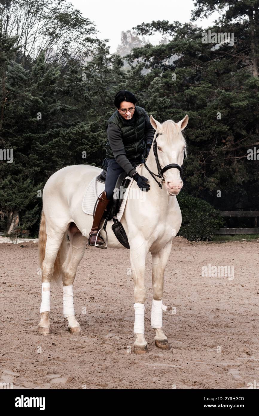 Una persona in equipaggiamento equestre cavalca un bellissimo cavallo bianco in un'arena all'aperto circondata da una vegetazione lussureggiante, che mostra il legame tra cavaliere e cavallo Foto Stock