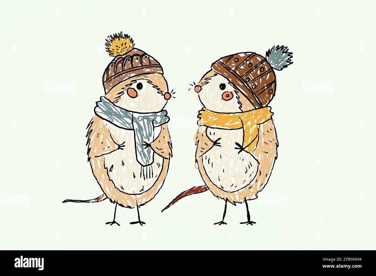 Questa affascinante illustrazione raffigura due adorabili animali vestiti caldi con cappelli invernali e sciarpe accoglienti, che condividono un momento tenero contro un sottile pallido Foto Stock