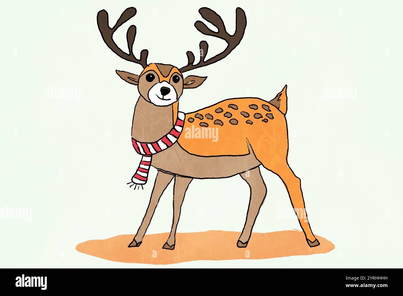 Una deliziosa illustrazione raffigurante un cervo marrone con palchi prominenti, adornata da una colorata sciarpa a righe, adagiata su un morbido sfondo beige, c Foto Stock