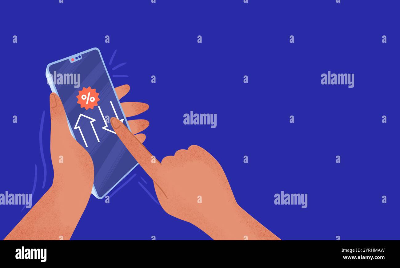 Immagine di mani che tengono in mano uno smartphone, che mostra un'app per lo shopping online con un simbolo di sconto e frecce, che simboleggia un trasferimento di carte senza problemi Foto Stock