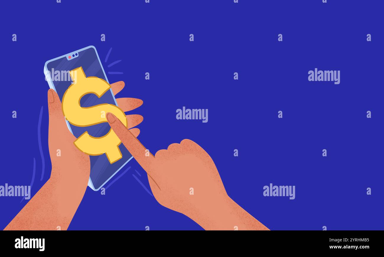 L'illustrazione che raffigura lo shopping su dispositivi mobili utilizzando uno smartphone presenta una mano che regge un telefono con un grande simbolo del dollaro su uno sfondo blu brillante Foto Stock