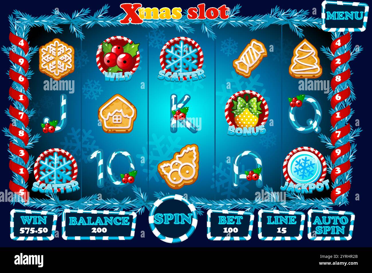 Slot machine natalizio, pulsanti e set di simboli slot. Menu completo per il gioco del casinò - blu. Icone e pulsanti a 12 slot su un livello separato. Illustrazione Vettoriale